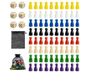 YEDOUALE Spielfiguren Set 80 Stück Halma Kegel 25x12mm mit 6 Holz Würfel 16mm und Säckchen, Bunte Brettspiel Figuren aus Holz für Flugschach Dame Brettspiele Familie