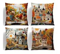 Yeecer Fundas Cojines 35x35 cm Juego de 4 Pueblo de Cuento de Hadas de otoño Fundas de Cojines Terciopelo Suave,Modernas Funda de Almohada Cuadradas de Sofá para Estar Oficina Cama Sillo