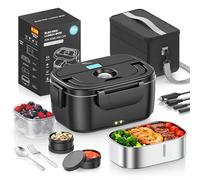 YEEFON Fiambrera Electrica 80W, 1.5L Calentador de Comida Portatil, 3 en 1 Fiambrera de Acero Inoxidable Extraíble, 12V/24V/220V para Coche Camión y Trabajo Fiambrera Térmica con Bolsa Térmica