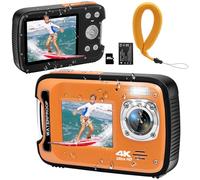 YEEIN Cámara subacuática 4K 48MP enfoque automático selfie doble pantalla impermeable con correa flotante y tarjeta de 32 GB, cámara digital compacta impermeable de 17 pies para esnórquel