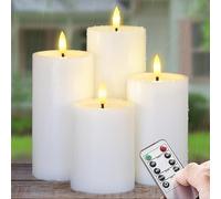 Yeelida Exterior Pack de 4 Velas LED Impermeables Sin Llama con Mando a Distancia, Temporizador Funciona con Pilas Efecto Aceite de Cera Parpadeante de Plástico (Blanco, 7,5cm x10 12,5 15 17,5cm)