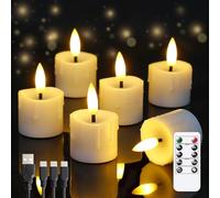 Yeelida Velas LED recargables sin llama 4cm x6,5cm con mando a distancia y cable de carga, temporizador parpadeante Pack de 6 velas de cera goteantes de plástico blanco