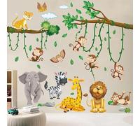 YEELIKE Graz Design Sticker mural décoratif pour chambre d'enfant Motif animaux de la jungle Motif éléphant, girafe, lion, singe, zèbre, chouette