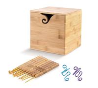 YEENAIV Cuenco de Madera para Lana con 9 Ganchillos Metálicos y 2 Anillos de Ganchillo, Cuenco de Almacenamiento con Tapa y Dispensador Cuadrado para Lana, Porta-Lana Hecho para Ganchillo y Punto