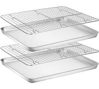 YEENAIV Juego de bandejas para hornear con rejilla de alambre de acero inoxidable, bandeja de aluminio de acero inoxidable para hornear con estante de refrigeración para asar, cocinar, secar (2 hojas