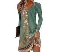 Yeenily Mujer Vestido Cuello Redondo Manga Larga Imprimir Túnicas Mini Ajustado Casual Vintage Otoño Vestir(Verde,M)