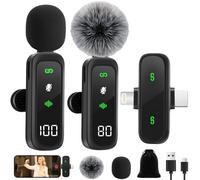 YeenMelly Paquete de 2 micrófonos Lavalier inalámbricos: para iPhone 15/16, iPad, Android, mini pantalla LED, reducción de ruido, Plug & Play, carga USB-C, sonido claro - Video/Vlog, parabrisas y