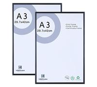 YEEPHAN Marco de fotos A3 de aluminio con cristal de plástico Glass, montaje en pared para foto o certificado Marco de fotos negro 29,7 x 42 cm, juego de 2