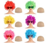 yeeplant 6 pelucas de payaso neón con gafas de corazón, pelo colorido estilo afro, gorras de peluca incluidas, postizos de fiesta divertidos para mujer