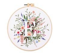 YEESAM ART Kit de iniciación de bordado con hermosas flores y patrones de letra E, juego completo de bordado de punto de cruz para adultos, principiantes, costura