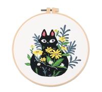 YEESAM ART Kit de iniciación de bordado con patrones de gato negro y margaritas, juego completo de bordado de punto de cruz para adultos, principiantes, costura
