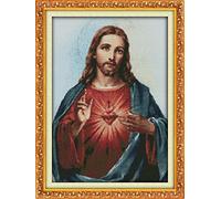 YEESAM ART Kit de punto de cruz sin sello para adultos, religioso corazón sagrado de Jesús, 14 quilates, kit de bordado sin impresión, decoración de pared