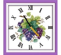 yeesam Tipo Punto de Cruz Stick Paquete - Uvas Reloj Facial 14 CT 33 × 33 cm DIY Bordado Set Color Blanco Lona - Cruz Costura Mano Navidad Regalos Cross Stitch Kit