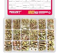 YEEZET 1092pcs M4 M5 M6 M8 M10 Kit de Pernos y Tuercas, Clase 8.8 Juego de Surtido de Pernos Hexagonales de Alta Resistencia, 21 Tamaños Más Comunes, Galvanizado Amarillo