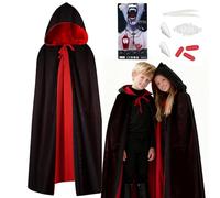 Yegookay Disfraz de Drácula para Halloween para hombre 120/140/160 cm disfraz de vampiro doble con capucha dientes sangre falsa capa vampiro mujer cazador demonios niños diablo niños (120)