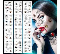 YEJAHY 12 hojas de tatuajes de Halloween, tatuajes de arañas, tatuajes de telaraña de horror para el rostro, Redes de arañas realistas Tatuajes temporales para el carnaval adultos niños