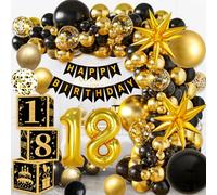 YEJIKJ Decoración de 18 cumpleaños para niños, 18 cumpleaños, decoración de mesa para hombre y mujer, globos decorativos negros y dorados, 18 años, decoración de fiesta de cumpleaños, caja negra y