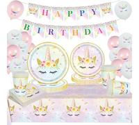 YEJIKJ Unicornios Vajilla Cumpleaños Infantil Kit, Feliz Cumpleaños Decoracion Cumpleaños Unicornio Incluye Globos Unicornio Platos y Vasos para Cumpleaños Baby Shower Fiesta