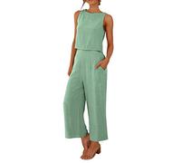 Yekdmxop 2025 Mono de Verano Mujer Elegante Algodón Lino Completo Camisa y Pantalones Dos Piezas Pierna Ancha Tallas Grandes Monos Completos Casual Cómodo Trajes Verano Elegantes Anchos Conjunto