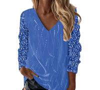 Yekdmxop Blusa mujer elegante con lentejuelas plateadas manga larga camisa brillante Navidad T Shirt Curvy cuello en V camiseta tallas grandes glitter oro camisetas noche strass Blusa ceremonia Tops,