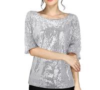Yekdmxop Camisa mujer elegante lentejuelas plata cuello redondo Blusa Glitter Oro Navidad Camisa Tallas Grandes Manga Larga Tops Curvy Brillantini Camiseta Noche Strass Camiseta Ceremonia T Shirt,