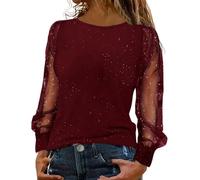 Yekdmxop Camiseta de mujer elegante con lentejuelas plateadas, manga larga, blusa con purpurina navideña, camiseta curvada, cuello redondo, tallas grandes, purpurina, oro, tops, ceremonia, pedrería,