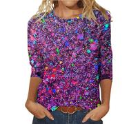 Yekdmxop - Camiseta de mujer elegante con lentejuelas, tallas grandes, de manga larga, brillante, con lentejuelas de Navidad, blusa plateada, cuello redondo, camisa curvy, lentejuelas doradas