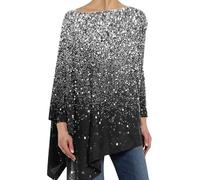 Yekdmxop Top de mujer elegante con lentejuelas plateadas cuello redondo camiseta purpurina oro Navidad T Shirt Curvy manga larga camiseta tallas grandes strass camisa ceremonia brillantini Tops Año