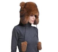 YEKEYI Gorros de piel para mujer con pompón para invierno, cálido, gorro de punto cálido para esquí, nieve, gorro de cazador esponjoso con cubierta para las orejas, Marrón5, Talla única