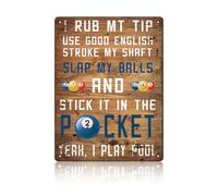 Yelenacca Letrero de estaño de billar con texto en inglés "I Rub My Tip", accesorios para mesa de billar, divertido letrero de metal para decoración de sala de billar, letrero de metal para hombres