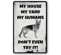 Yelenacca Letrero de metal retro de metal con texto en inglés "My House My Humans Pet Dog Gate Fence Cute Funny Man Cave Sign No Trespassing para el hogar, bar, pub, club, cafetería, habitación, baño