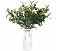YELIKIT Rama de olivo artificial en jarrón, 5 tallos de vegetación sintética con jarrón de cerámica, ramas de olivo de 43 cm de alto, tallo falso para el hogar, oficina, granja, boda, arreglo de mesa