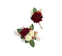 Yelinart Juego de ramillete de rosas burdeos y boutonniere para boda, graduación, regreso a casa, hombres, novios, padrinos de boda, flores artificiales de color rojo vino y mujeres y niñas, damas de