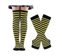 (Yellow black bars) Womens Long Socks Striped Arm Warmer Fingerless Gloves Set For Cosplay Party/YY