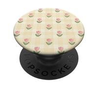 Yellow Gingham Pastel Floral Pink Tulip Pattern PopSockets PopGrip Adhesivo