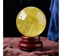 Yellow Quartz Crystal Sphere Gemstone Ball Divnation Feng Shui Crystal Ball with Wooden Stand Sculpture Figurine for Home Office Decoration,100mm