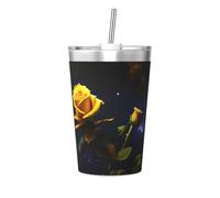 Yellow Roses Starry Night - Taza térmica cónica con pajilla aislada, perfecta para uso en el gimnasio o para llevar contigo