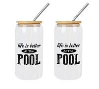 Yelolyio 2 vasos de vidrio con popote y tapa, Life is Better at The Pool Glass Cup Can Beer Cups Mom Birthday Gifts Cups Great for Mojito Soda Whisky, café helado
