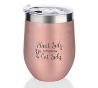 Yelolyio Vaso de vino aislado con tapa Plant Lady is The New Cat Lady, taza de vino para inauguración de la casa, regalos de cumpleaños para mujeres, hombres, amigos, oro rosa, 12 onzas