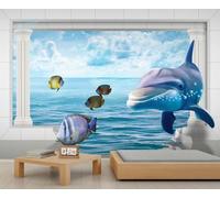 YEMYOR Murales 3D de delfín con dibujos animados de peces delfín, pegatinas de pintura de pared con diseño de océano azul, papel pintado para sala de estar o dormitorio, 250 x 175 cm
