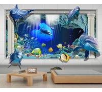 YEMYOR Murales 3D de tiburón delfín, diseño de mundo submarino azul, pegatinas de pintura de pared tropical, peces pequeños, tortuga, papel de pared para sala de estar, dormitorio, 250 x 175 cm
