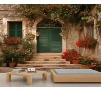 YEMYOR Murales italianos rústicos para patio, puerta de madera verde, para sala de estar, papel pintado de rosas rojas, papel pintado apto para inquilinos, 350 x 256 cm
