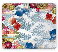 YENDOSTEEN Alfombrilla de ratón asiática, Fondo de Estilo japonés Tradicional con diseño Floral Moderno Popular de los Iconos Florales de los Pescados