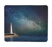 YENDOSTEEN Almohadilla para ratón Cielo Nocturno, Océano Mar Paisaje Faro Nebulosa romántica Cosmos Estrellas Grandes Ver Imagen Decorativo, Azul Marino y Borde Cosido Blanco