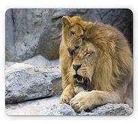 YENDOSTEEN Safari Mouse Pad, Big Lion Little Cub Stone Cave Juguetón Dulce Ternura Animal Afecto Naturaleza, Tamaño estándar Rectángulo Antideslizante Alfombrilla de Goma, Polvo Mostaza