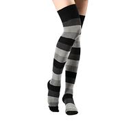 Yenita 2 pares de calcetines para mujer por encima de la rodilla, con pliegues, color negro o gris, Rayas Negro/Gris/Antra, Talla única