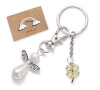 Yeomju 2 llaveros, trébol y ángel de la guarda con trébol auténtico para escolarización, amuleto de la suerte para niños con llavero como regalo para cartera, multicolor, L