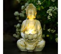 Yeomoo Figura de Buda de meditación, portavelas, decoración para salón, figuras de Buda con Lotus Zen, decoración de jardín para exteriores, con luz LED, regalos personalizados, color blanco, 20 cm