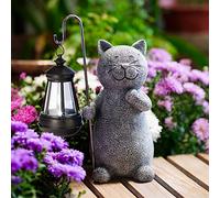 Yeomoo Figuras de jardín de gato para exteriores con farol solar - Divertida lámpara solar resistente al agua figura decoración de jardín para exteriores balcón terrazas regalos para mujeres hombres