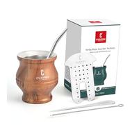 Yerba Mate Cup - Juego de calabazas mate incluye taza de té de acero inoxidable de doble pared, juego moldeador de té, pajitas de bombilla, cepillo de limpieza (grano de madera)